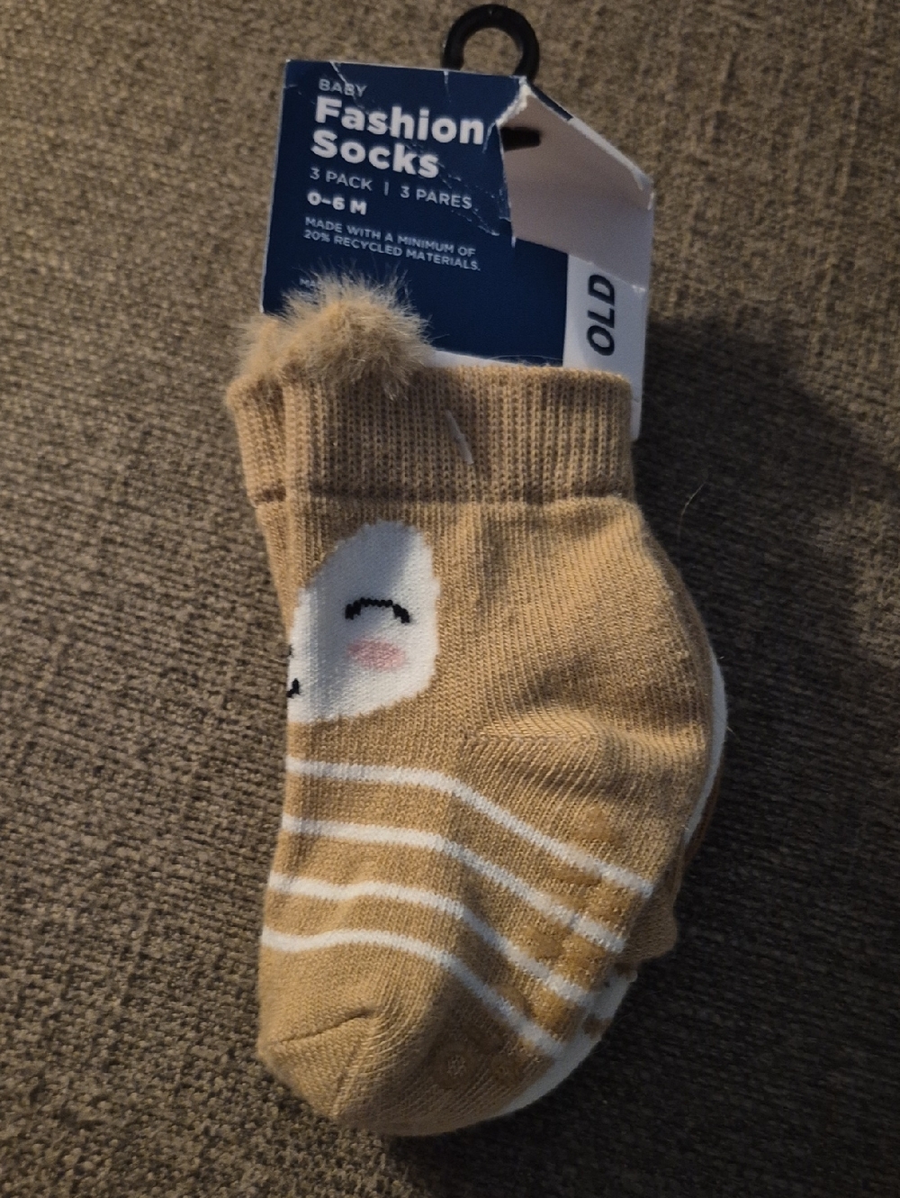 Old Navy Tan & White Striped Baby Socks with Smiling Face